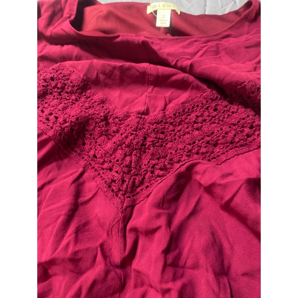 Miami Womens Small Burgundy Boho Crochet Long Sleeve Tunic Blouse Top - Picture 5 of 7